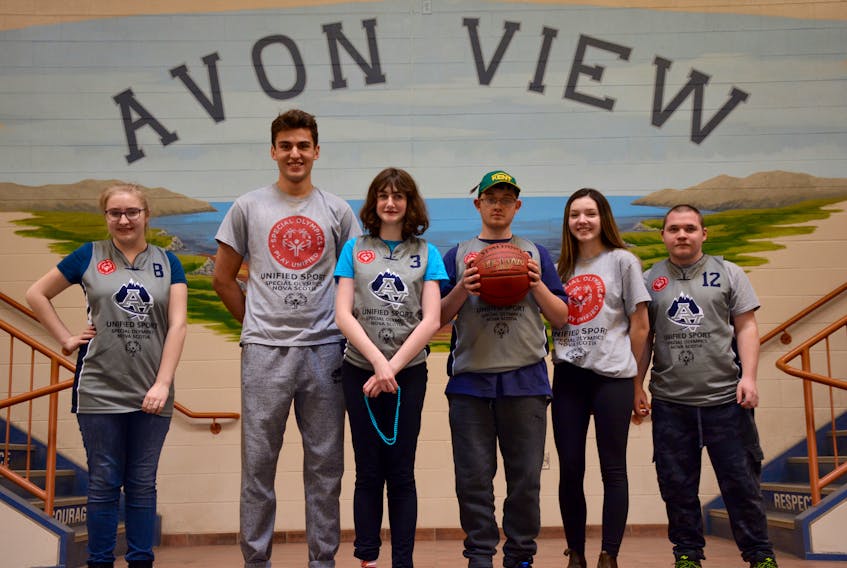 From left, Katlyn Barkhouse, 15, Nigel Fraser, 15, Samantha Galbraith, 16, Dawson Riley, 17, Madison Swinamer, 16, and Jarrett Spin, 18, are the athletes and student leaders that make up Avon View’s basketball team that are heading to Toronto in May to participate in the Special Olympics Ontario Invitational Youth Games.