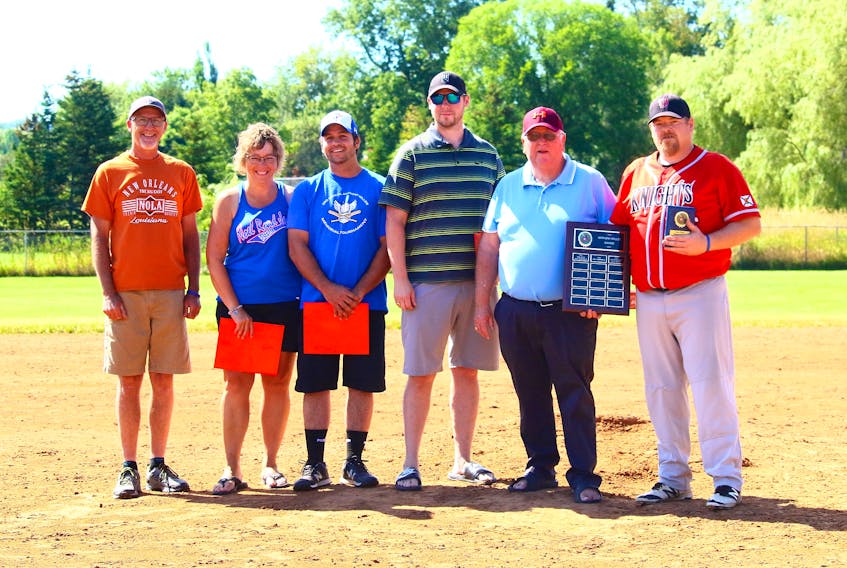 Nova Scotia Intermediate Baseball League Hall of Fame inductions were made Aug. 31 in Windsor. Pictured here are, from left, Troy and Angie Miller (parents of the late Anthony Miller, accepting a Hall of Fame induction posthumously), Matt Wiseman (Hall of Fame player from the Noel Road Jays), Guy Pellerine (Hall of Fame player for the Pictou County Albions), Barry Anderson (the NSIBL president), and Jason Hanes (who received Coach of the Year for the Windsor Knights). Missing from the photo is Rodney Vansnick (Hall of Fame player for the Maccan Royals).