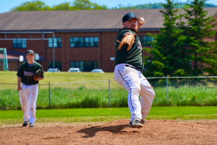 Taylor Welch, with the Hantsport Shamrocks, winds up his pitch.