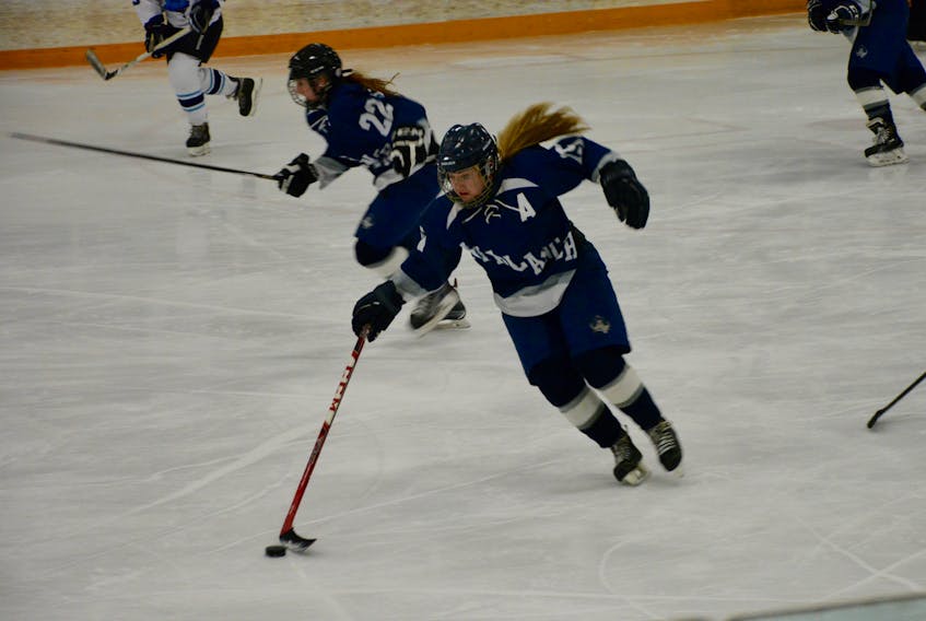 Macey Johnston, number 15 with the Avon View Avalanche, makes her way up the ice.