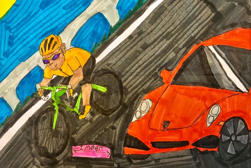 Annapolis East Elementary School student Gabriel Salley created this piece of art that reminds drivers to stay at least one metre away from bicyclists for safety’s sake. The picture won its grade category in a provincewide RCMP bicycle safety contest.