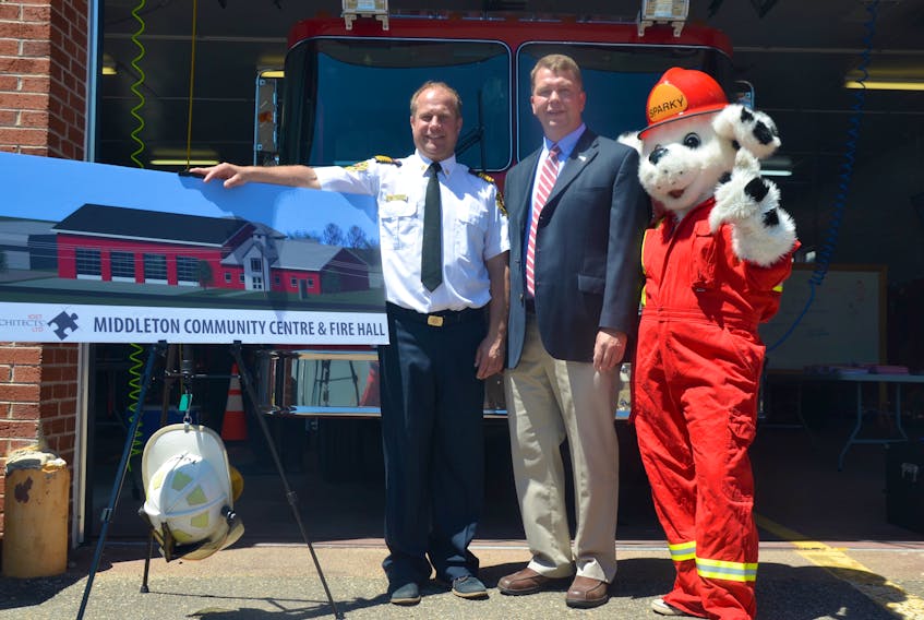 On June 15 Middleton Fire Chief Mike Toole and Deputy Mayor Gary Marshall launched a fundraising campaign to raise $1.4 million to help build a new community centre and fire hall in Middleton. Sparky the Fire Dog was on hand for the kickoff.