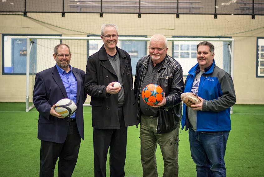 Valley Credit Union and the Valley Sports and Multipurpose Facilities Association announced on March 5 that Valley Credit Union is now the naming rights sponsor of the indoor soccer dome building in Kentville. Valley Credit Union has committed to investing $100,000 in the newly named Credit Union Rec Complex throughout the next ten years. Pictured from left to right, is Martin Gillis, Chair of the Board for Valley Credit Union; Len Ells, Valley Credit Union President and CEO; Dwight MacLeod, Executive Director for Valley District Soccer Association; and Matt Schurman, president of the facility.