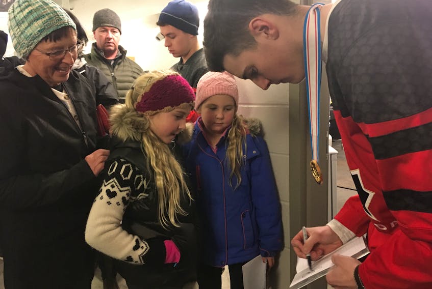 Gold-medal winning Team Canada forward Drake Batherson returned to his roots Jan. 7 to drop the puck at a Valley Wildcats game in Berwick. Batherson received a standing ovation, and kindly obliged when fans asked for autographs and photo ops.