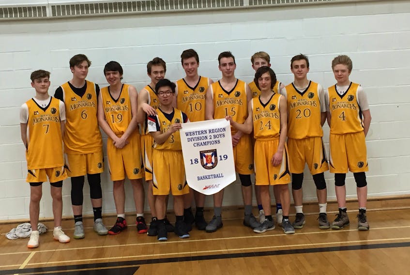 The Middleton Monarchs recently advanced to provincials after dominating at regionals with victories over Windsor’s King’s-Edgehill School (82-71), Bridgetown (70-60) and Forest Heights. Pictured here, the players display the regional banner they secured with a 71-49 win against Forest Heights in the final. 
Front row, from left: Ryan Do and Will Luttmann.
Back row, from left: Keigan Neilson, Adam Wentzell, Kris Hampton, Hayden Wilkins, Noah Bezanson, Elyias French, Evan Naughler, Tyler Baker and Dan Bower. Missing: Rob Bower
The team is coached by Greg Bower, Paul Shaffner, John MacDonald and Quinn VandenHeuvel. Dylan Taylor and Jacob Bohemier serve as team managers.