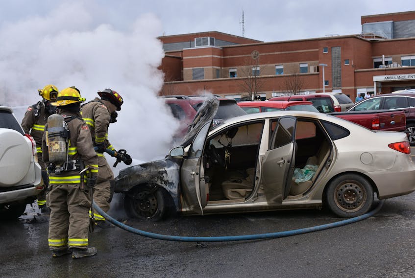 The Kentville Volunteer Fire Department made short work of a fire that broke out in this Hyundai car parked at Valley Regional Hospital in Kentville Friday.