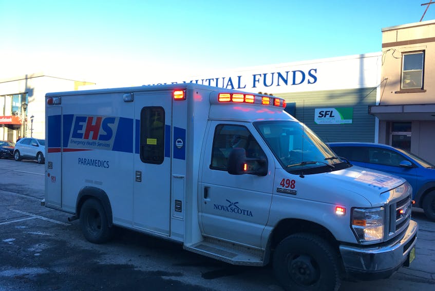 EHS paramedics treated a woman for minor injuries after she was struck by a pickup truck while walking near a busy intersection in downtown Kentville Dec. 20.