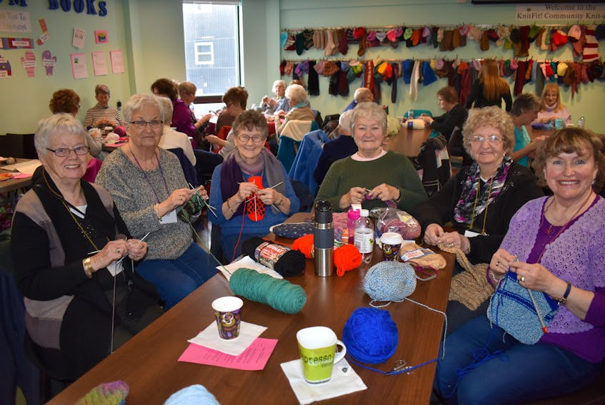 From left, Diane Harris, Helen Huntington, Mary Lou Blundon, Jill Harcourt, Betty Wells, Irene Boutilier, were at the 11th Annual KnitFit Knit-a-thon at the McConnell Library on Saturday. The event had over 60 knitters who were creating items to help Cape Breton families and support children’s literacy programs at the library.