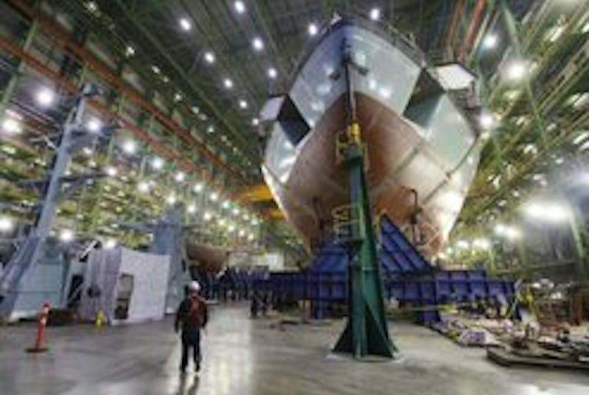 The bow of Margaret Brooke is seen in the assembly hall at the Irving’s Halifax Shipyard in Halifax.