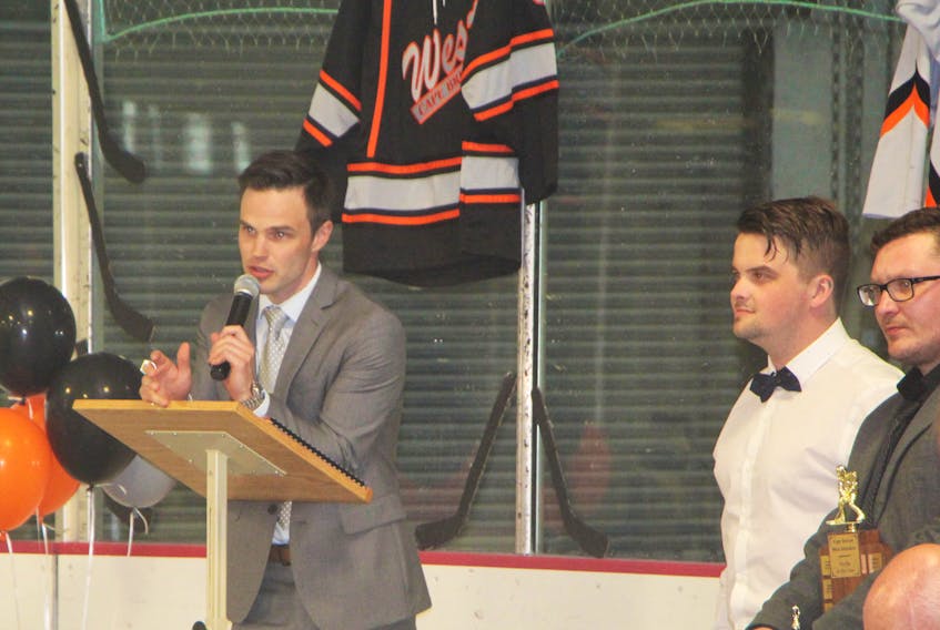 Inverness native Kyle ‘Duke’ MacDonald speaking at the Cape Breton West Islanders banquet after the team won the national title in 2017.