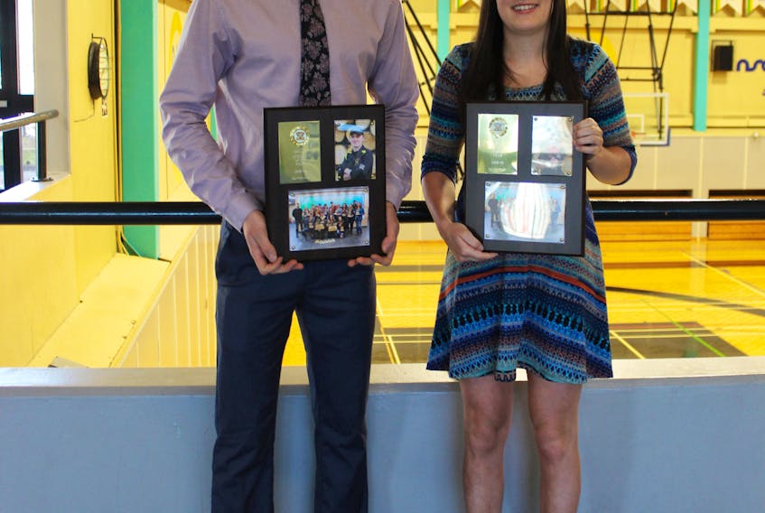 Kyle Corsten and Rachael Bekkers, both from Antigonish County, with their 2019 Dalhousie Agricultural College athlete of the year plaques. The student-athletes competed in the sport of woodsmen.