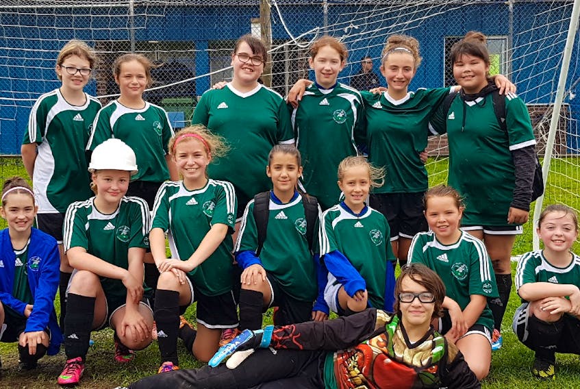 Members of the U12 girls soccer team from Happy Valley-Goose Bay. Front row (left to right) are: Ashlee Adams, Holly Reardon, Taryn Wallace, Gaida Centonze, Taylor Schwalbe, Grace Goudie, Shaila Saunders and Elena Pike; and back row: Brianna Linehan, Emily Martin, Natasha Andrews, Amy Cooney, Adele Walsh and Shelby Payne.