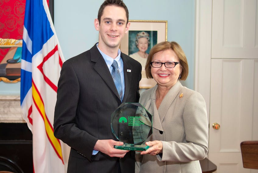 Keiran Roach received his Canadian Parents for French – NL – 2018 Teacher Graduate of the Year award from Lieutenant Governor of Newfoundland and Labrador Judy M. Foote.