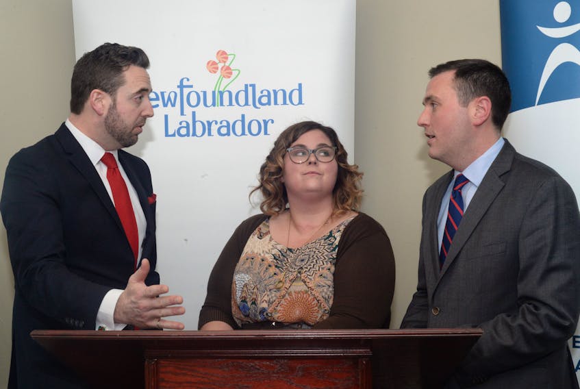 Justice and Public Safety Minister Andrew Parsons (left) talks with Nicole Kieley, executive director of the Newfoundland and Labrador Sexual Assault Crisis and Prevention Centre, and lawyer Kevin O’Shea, executive director of the Public Legal Information Association of Newfoundland and Labrador, in this SaltWire Network file photo.