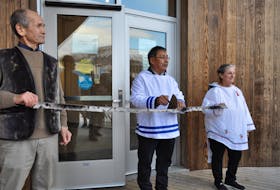 From left, Nunatsiavut Language, Culture and Language, Culture and Tourism Minister Jim Lyall, President Johannes Lampe and Rigolet AngajukKâk Charlotte Wolfrey at the opening of the new $18-million cultural centre in Nain. - Courtesy of the Nunatsiavut Government