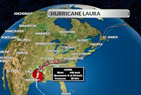 This weather map generated by Saltwire meteorologist Cindy Day shows the path that hurricane Laura is taking.