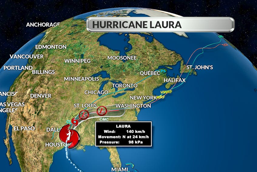 This weather map generated by Saltwire meteorologist Cindy Day shows the path that hurricane Laura is taking.