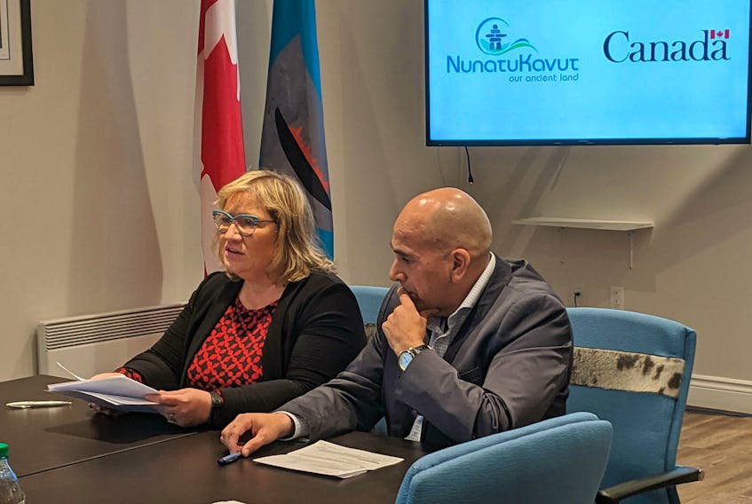 MP for Labrador Yvonne Jones (left) was at the Nunatukavut Community Council office in Happy Valley-Goose Bay on June 24 to announce funding for two projects. NCC President Todd Russell (right) said he's pleased to see the investments in clean energy and youth engagement.