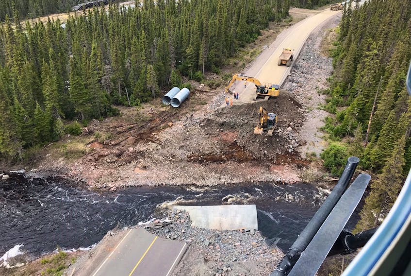 A release from the provincial Department of Transportation and Works says that work could be completed on the Trans Labrador Highway as early as Sunday. A section of the road washed away on June 24.