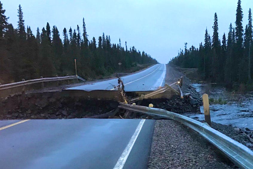 A large section of the road south of the Churchill River bridge on the Trans Labrador Highway washed out on June 24. - Courtesy of the Department of Transportation and Works.