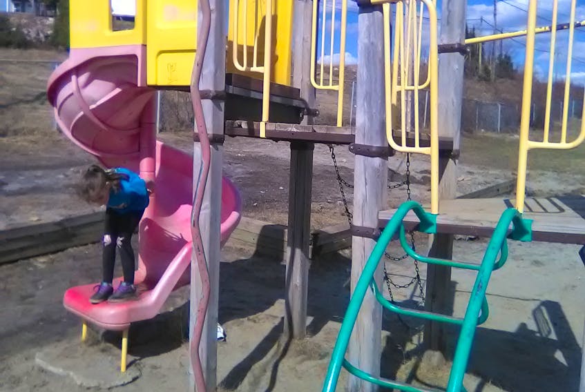 The damage to the playground is evident in many places. The town wants it removed as soon as possible. – Contributed