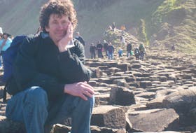 A pensive Lesley Choyce conducts research at Giant's Causeway in Ireland for his next, 101st, book. - Linda Choyce