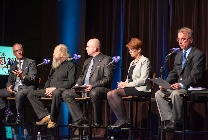 Charlottetown's mayoral candidates take part in a debate Wednesday, Oct. 24, 2018, at UPEI's W.A. Murphy Student Centre in Charlottetown. From left are Cecil Villard, William McFadden, Jamie Larkin, Kim Devine and Philip Brown. -Brian McInnis