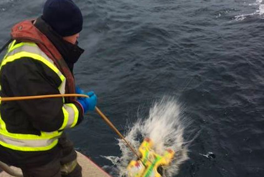 On Wednesday, Nov. 29, Canadian Coast Guard Environmental Response team operating from a coast guard pollution response vessel, lowered a remotely-operated vehicle (ROV) into the water on its way to survey the hull of the sunken vessel the Manolis L.
