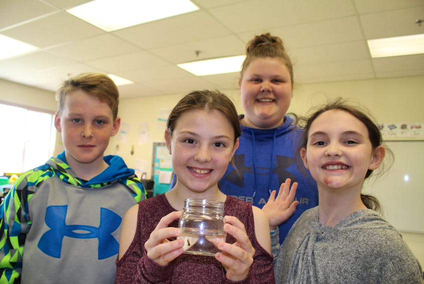 Brandon Fudge (left), Rylee Hawkins, Dakota Anstey, and Cassie Burt said they had learned all kinds of things from the DFO-sponsored program at their school in Summerford June 7, including how to take better care of salmon in the wild.
