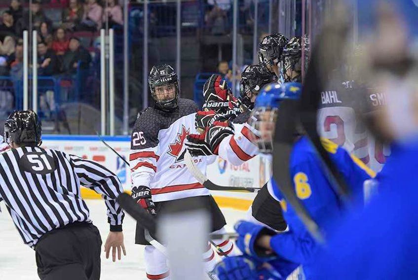 Raphael Lavoie celebrates his goal during Canada’s game against Sweden at the world men’s under-18 hockey championship in Magnitogorsk, Russia, in April.