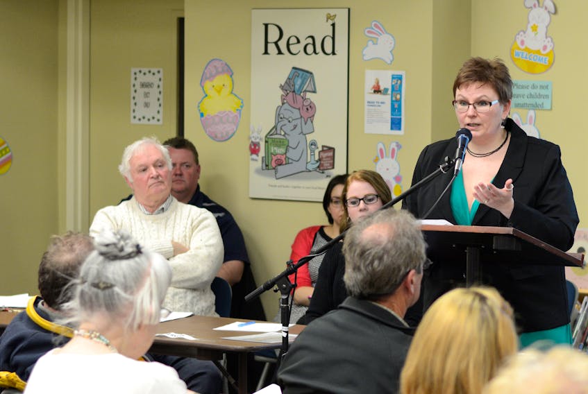Cumberland County’s chief librarian Denise Corey speaks at last April’s regional library annual general meeting. The Cumberland Public Libraries is receiving a one-time grant that will allow it to avoid cutting hours at five of its seven branches.