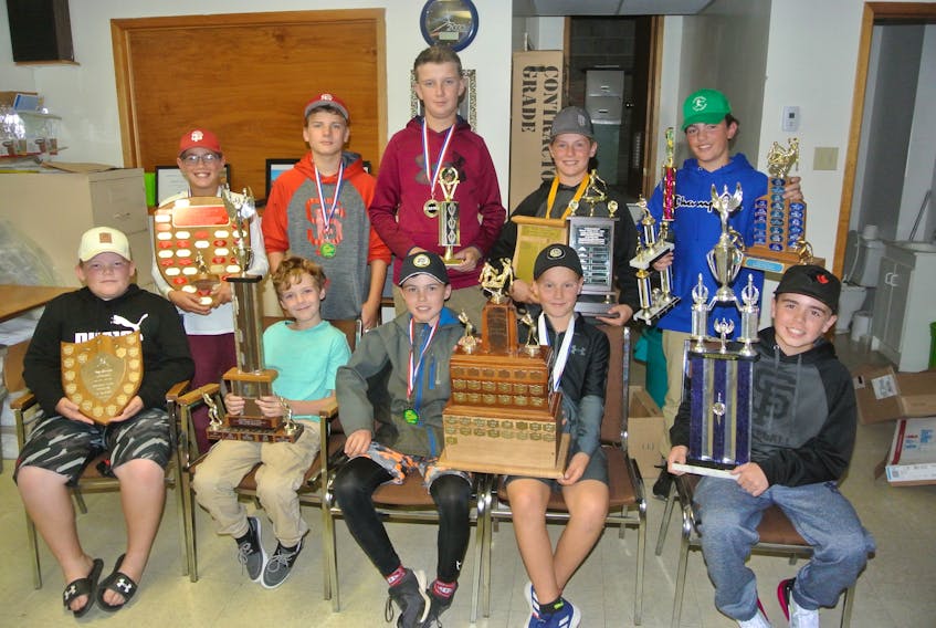 Winners of awards in the Amherst Little League Baseball Association’s A system included: (front, from left) Hunter Ripley, consolation playoff champion Mixers; Austin Murray, most improved, Mike Boudreau and Adrien Rioux, for playoff champion Cubs; Sawyer Harvey for pennant winning Cubs; (back, from left) Ryan Wilson, player combining sportsmanship and dedication; Connor Hunter, pennant and playoff champion Cubs; Mason Sloan, Y’s Guys MVP; Nolan McNally, co-playoff MVP, Lions MVP and player best combining playing ability and sportsmanship and Phoenix Remington, Cubs MVP, playoff co-MVP, league MVP, top pitcher and top hitter.