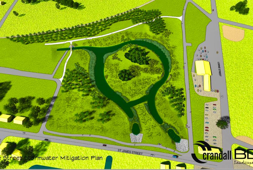 This is an artist’s rendering of what the storm water retention pond will look like behind St. James and Lorne Streets. The containment area, in the centre, will fill up during heavy rainstorms and water can be released out of the outlet control structure once the tide has gone out.