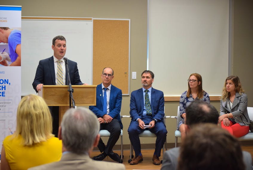 Nova Scotia Health and Wellness Minister Randy Delorey is seen announcing a new family physician residency program at the Colchester East Hants Health Centre in Truro on Tuesday. Also participating in the announcement, from left, are: Dr. David Anderson, dean of Dalhousie Medical School; assoc. dean Dr. Andrew Warren; Dr. Karla Armsworthy and Dr. Deanna Field, the inaugural director of the new North Nova Family Medicine Teaching site.