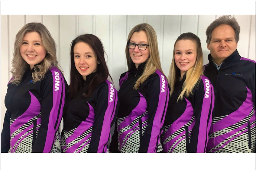 The St. John's team of (from left) skip MacKenzie Glynn, third Katie Follett, second Sarah Chaytor, lead Camille Burt and coach Dave Trickett won five of six preliminary-round games to advance to the playoff pool at the Canadian junior curling championships in Shawinigan, Que. The Newfoundland and Labrador representatives will play four more games in the championship pool beginning today. The Daniel Bruce rink out of Corner Brook, representing N.L. in the junior men's division in Shawinigan, finished 3-3 in preliminary play and also advanced to the championship pool.
