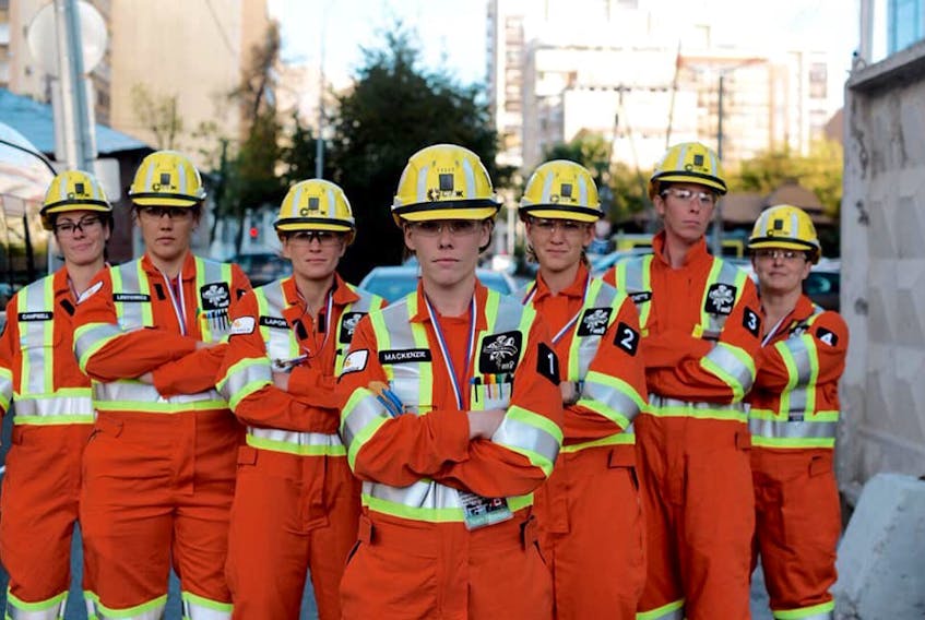Heather MacKenzie (centre) and the first all-women mine rescue team – the Diamonds in the Rough. Brandy Bloxom