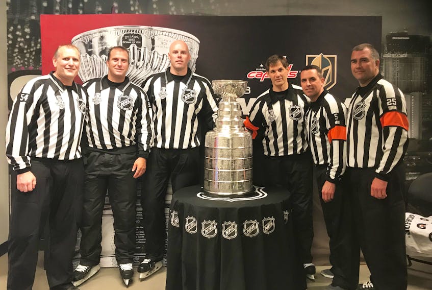 Antigonish’s Matt MacPherson (third from left) is pictured with his fellow on-ice official who worked the Stanley Cup finals, including; Greg Devorski (left), Jonny Murray, MacPherson, Wes McCauley, Chris Rooney and Marc Joannette.