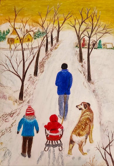 The title of this lovely oil pastel crayon drawing is "Snow fun in good company.”  The scene depicts what I've been preaching for a few months now!  While some of us don't have enough snow to toboggan in, others would like it to stop!  

Malliga Nagarajan is the artist; she lives in Charlottetown, P.E.I. The measured snow on the ground at the Charlottetown airport is just under 20 cm; the measured snow on the ground in Stephenville Newfoundland is over 110 cm!