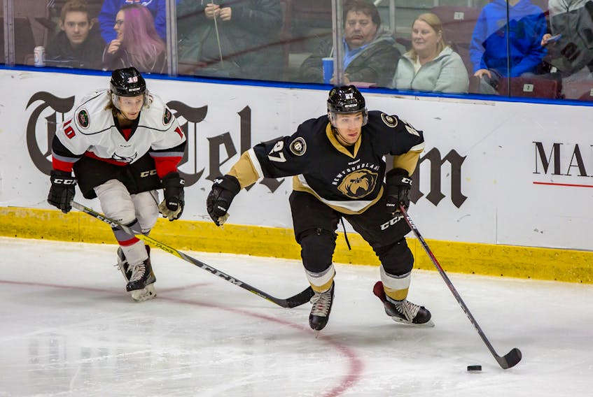 Matt Bradley (27) and the North Division-leading Newfoundland Growlers will be trying to put some distance between themselves and Cullen Bradshaw (10) and the second-place Adirondack Thunder in Glens Falls, N.Y., this weekend. — Newfoundland Growlers photo/Jeff Parsons