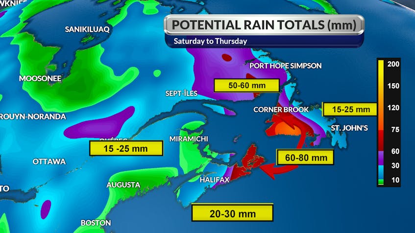 Sometimes, yes, even in the summer, a good soaking is just what we need. That’s what we’re going to get across much of Atlantic Canada.  These are my forecast rainfall totals into the middle of next week. - WSI