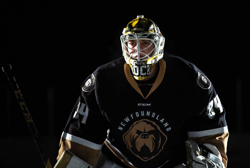 Michael Garteig made 32 saves and stopped a second-period penalty shot in Game 1 of the Growlers' opening-round ECHL playoff series against the Brampton Beast. — Newfoundland Growlers photo/Jeff Parsons