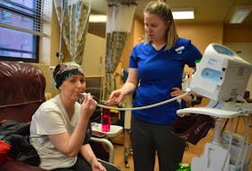 By 9 a.m. April 3, Corbett is back in the cancer centre at the Victoria General for her chemo treatment. Registered nurse Alexis McIver starts the day checking Corbett's vitals and doing an assessment on her side effects and physical symptoms.