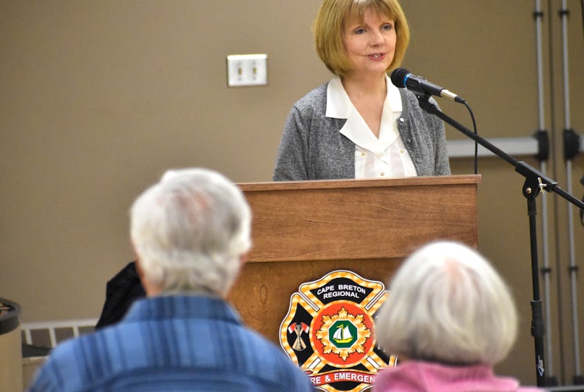 Dr. Jeanne Ferguson speaks to the crowd during a long-term care town hall meeting at the Grand Lake Road fire hall on Wednesday in Sydney. About 40 people attended the event, hosted by Advocates for the Care of the Elderly, Nova Scotia Health Coalition and Families for Quality Eldercare.