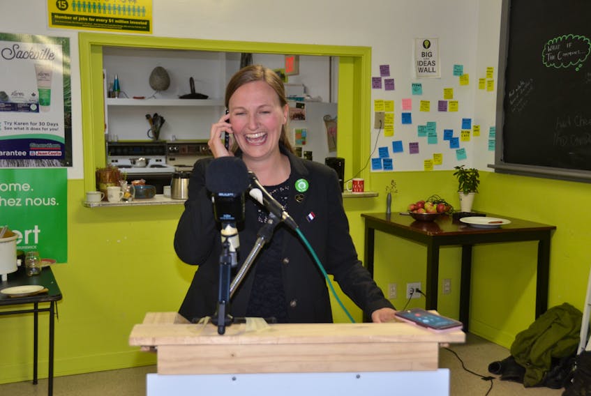 Megan Mitton takes a call from Green Party Leader David Coon following her victory in the Memramcook-Tantramar riding election night. Mitton is now officially the new MLA after a judicial recount confirmed the numbers this afternoon.