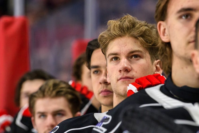 Dawson Mercer, shown on the QMJHL bench during the Canada-Russia series last month, has taken a confident attitude into Canada's selection camp that will determine this country's team at the 2020 world junior hockey championship. — chlcanadarussia.ca