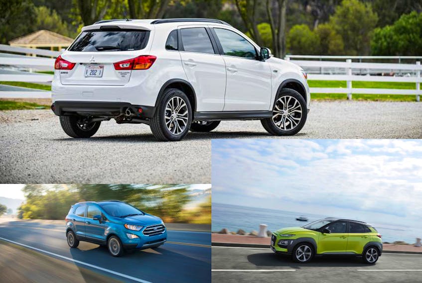 Clockwise from top: The Mitsubishi RVR, Hyundai Kona, and Ford Ecosport are three offerings in a growing segment of micro SUVs.