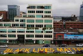 The Halifax Regional Municipality has painted Black Lives Matter street art in two locations: here, on Brunswick Street in downtown Halifax adjacent to Citadel Hill, and in Dartmouth on Alderney Drive, between Queen and Ochterloney streets.