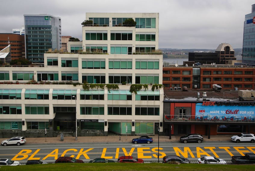 The Halifax Regional Municipality has painted Black Lives Matter street art in two locations: here, on Brunswick Street in downtown Halifax adjacent to Citadel Hill, and in Dartmouth on Alderney Drive, between Queen and Ochterloney streets.