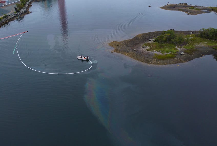 What appears to be a fuel spill is seen near the Tufts Cove power generating plant Thursday.