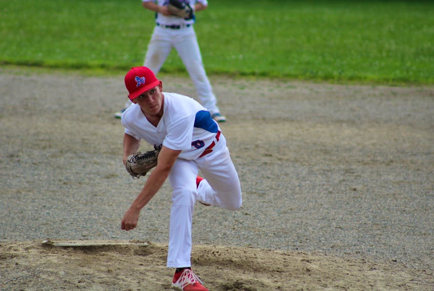 Julian MacDonald of the Amherst Athletics delivers a pitch in recent Bluenose Midget AA League action against Weymouth.